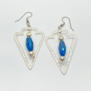 Antique Silver Colored with Steel Blue Glass Dangle Earrings